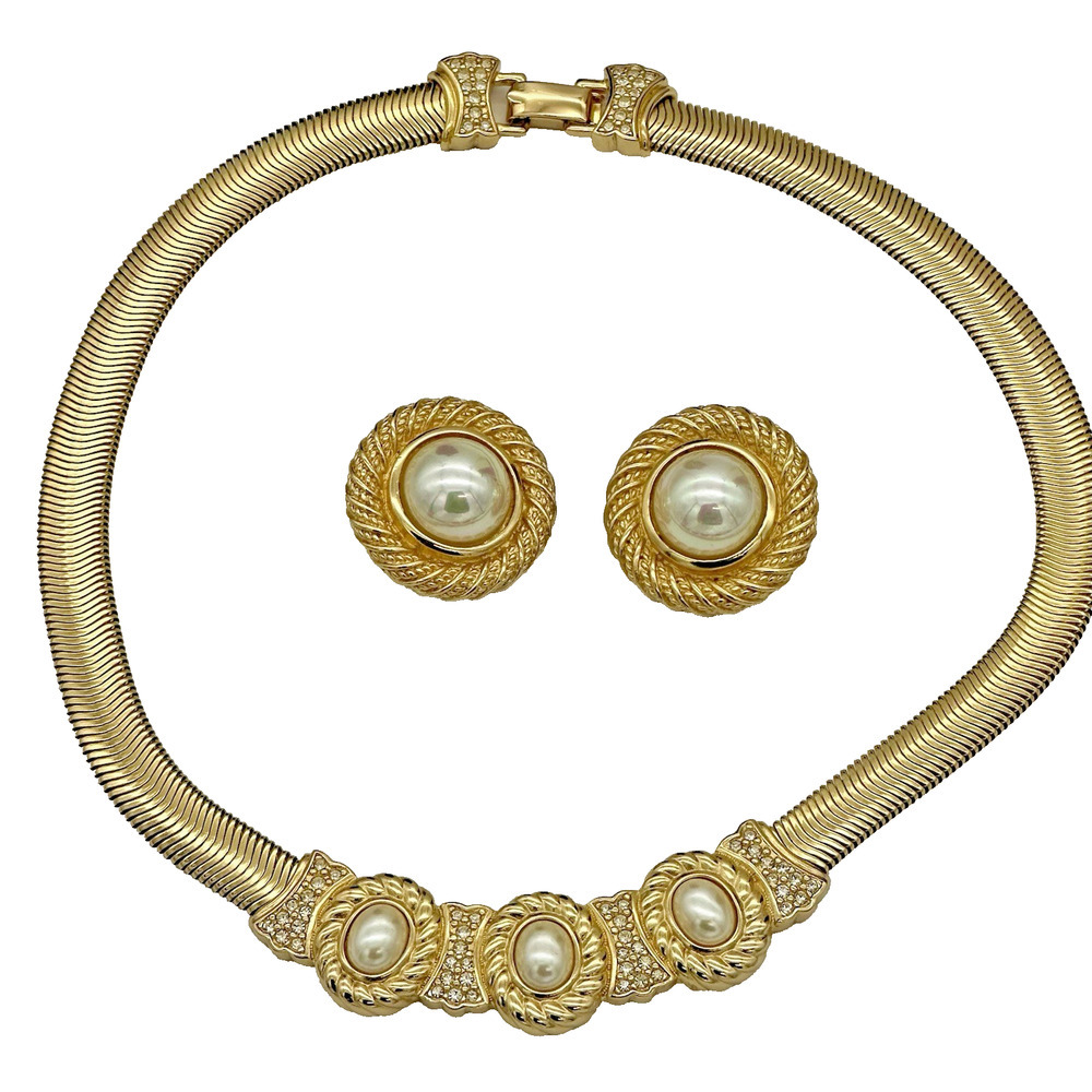 Vintage Christian Dior Earrings & Necklace Set W/ Faux Cabachon Pearl Gold Tone